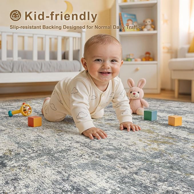 kakania Washable 5x7 Area Rug for Living Room: Abstract Modern Home Decor | Soft Stain Resistant, Low-Pile, Non-Slip, Pet & Kid Friendly, Thin Rug for Bedroom/Dining Room/Kids Dorm - Blue Grey