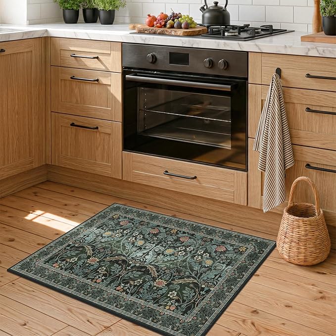 Washable Entry Rug 2x3 Non Slip, Vintage Small Throw Rugs for Bathroom, Entry Way, Kitchen, Dusty Teal Front Door Mat Indoor Entrance, Bedroom, Ultra Soft Low Pile Stain Resistant (Dark Green)