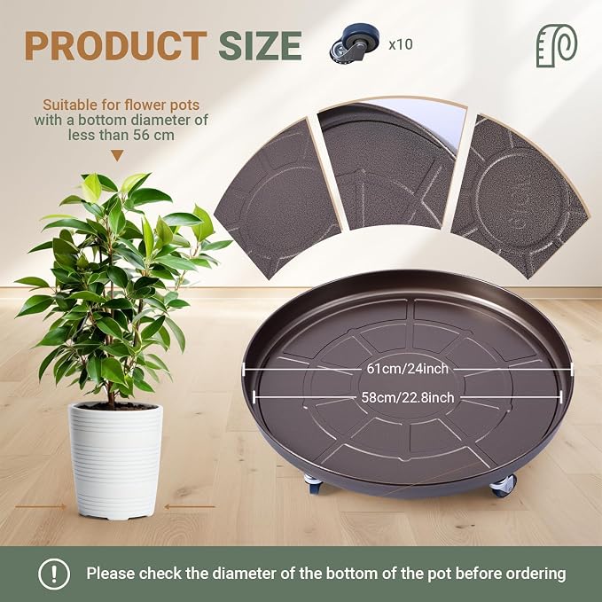 Briwooody 1 Pcs Large Round Plant Saucer with Lockable Wheels Flower Plant Trays Heavy Duty Round Water Catcher Easy to Move for Pots Indoors Outdoor Garden (24 Inch,Copper Gold)