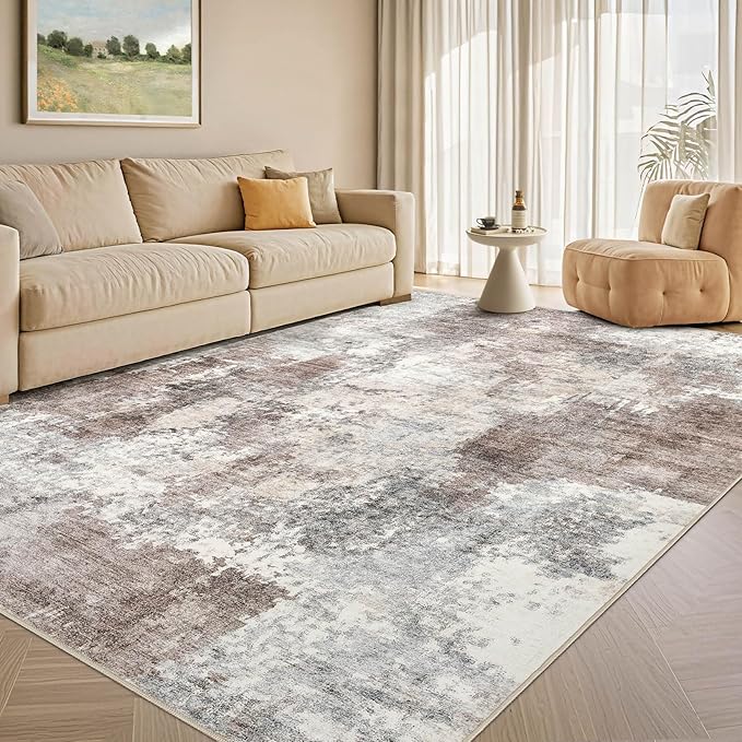 Tortania Washable 5x7 Area Rug for Living Room: Modern Abstract Neutral Large Soft Thin Rugs - Non Slip Indoor Carpet for Bedroom Dining Room Office Nursery Home Floor Decoration - Gray Brown