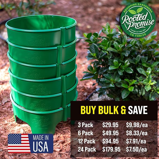 12 Inch Wrap-Around Adjustable Planting Grow Rings | 24 Pack | Green | Install Around Existing Plants | Square Foot Gardening | Trimmer Protection and Mulch Barrier | Heavy Duty | Made in USA