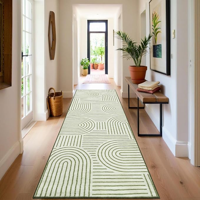ROYHOME Modern 2x6 Hallway Runner Rug Non Slip Washable Kitchen Rug, Green | Abstract Bath Mat, Rainbow Geometric Runners Rugs for Bedroom, Soft Long Rugs for Entryway Arch Pattern Bathroom Laundry Dorm