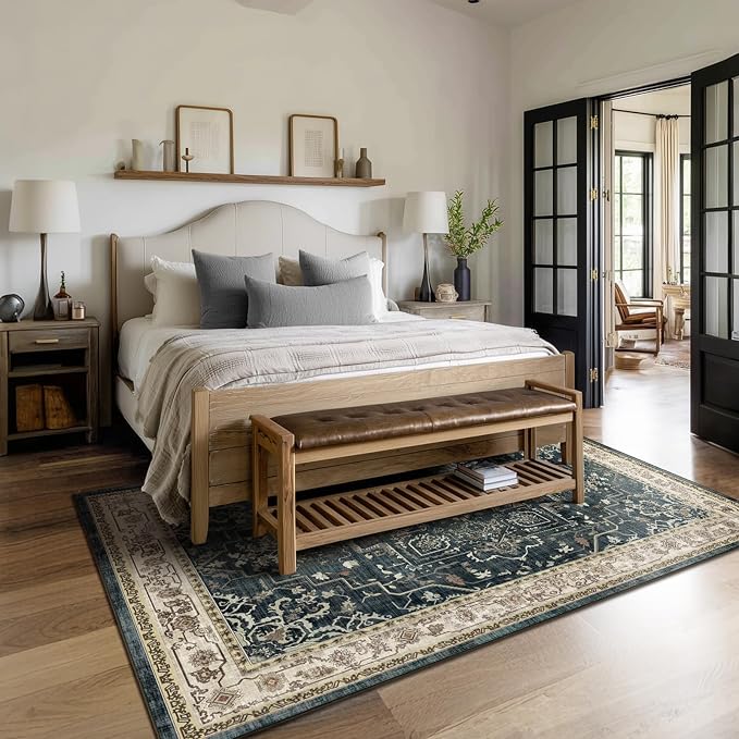 Distressed Vintage 5x7 Area Rugs for Living Room Bedroom Non Slip Washable, Medallion Pattern Printed Low Pile Farmhouse Carpet Rugs for Dining Room/Kitchen/Home Office, Midnight/Multi