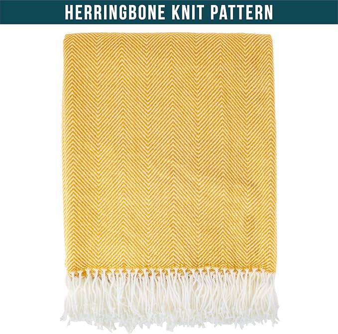 PAVILIA Yellow Herringbone Throw Blanket for Couch Bed, Decorative Outdoor Throw Blanket, Faux Cashmere Blanket Throw, Lightweight Accent Sofa Blanket Throw, 50x60