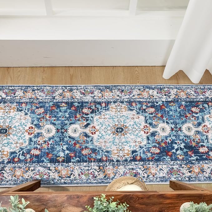 U'Artlines 2'x14' Boho Hallway Runner Rug Non Slip Washable Runners,Blue | Vintage Farmhouse Kitchen Rug Accent Area Carpet for Entryway Laundry and Living Room