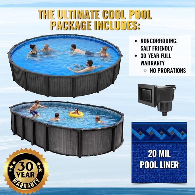 24 FT 54-Inch Round Above Ground Swimming Pool Kit | Saltwater Friendly Aluminum Wall Pool Set with Heavy Duty Premium Resin Top Rails & Uprights | Includes 20 Mil Overlap Liner, Skimmer & Return