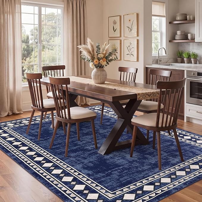 Garvee 8x10 Vintage Border Washable Rugs for Living Room Bedroom Rug, Blue | Boho Area Rug Stain Resistant Easy Cleaning Throw Rugs Low Pile Floor Cover for Nursery Dining Room Apartment