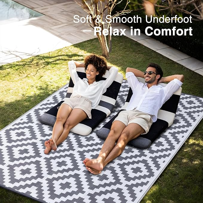 OLANLY Waterproof Outdoor Rug 8x10 ft, Outdoor Plastic Straw Rug for Camping, RV Mat Outside, Outdoor Carpet for Porch, Deck, Backyard, Balcony, Picnic, Grey & White