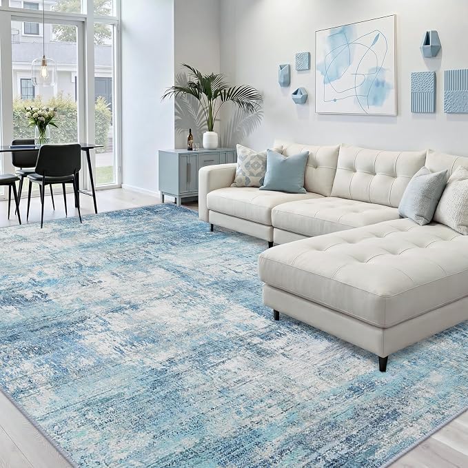 RELEANY Washable 5'x7' Abstract Area Rug for Living Room Teal Blue | Carpet for Bedroom, Kitchen, Office, Hallway and Entryway, Printed Pattern, Non‑Slip, Soft, Stain‑Resistant, Easy to Clean
