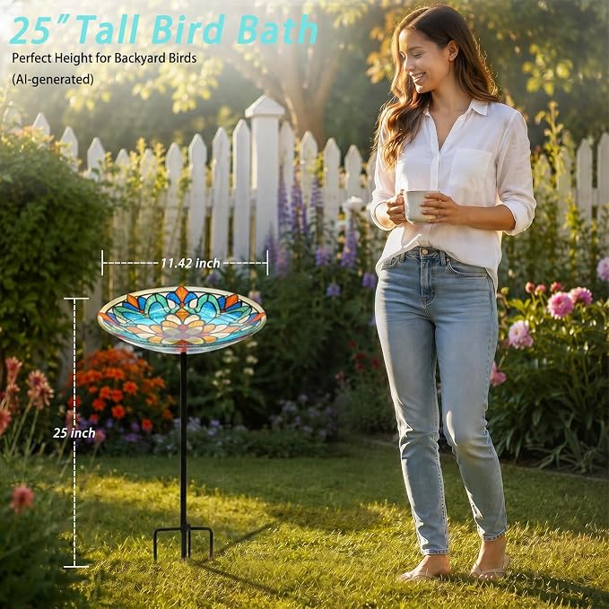 MUMTOP Bird Baths for Outdoors, Glass Birdbath Birdfeeder Bowl with Metal Stake for Outside Garden Yard Lawn Tiffany Style Decor