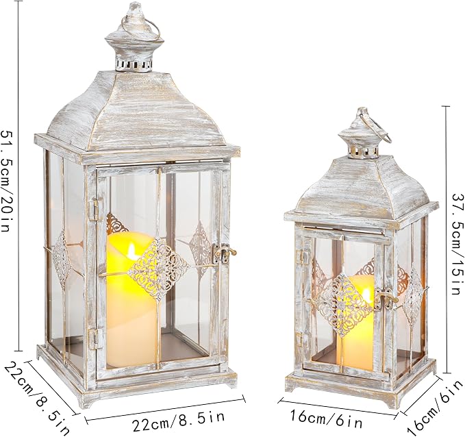 TRIROCKS 20"&15" H Large Decorative Candle Lantern Antique Grey Brush Outdoor Lantern Set with Tempered Glass Metal Candle Holder for Porch Ideal for Gardens Spring Home Decor Indoor Outdoor