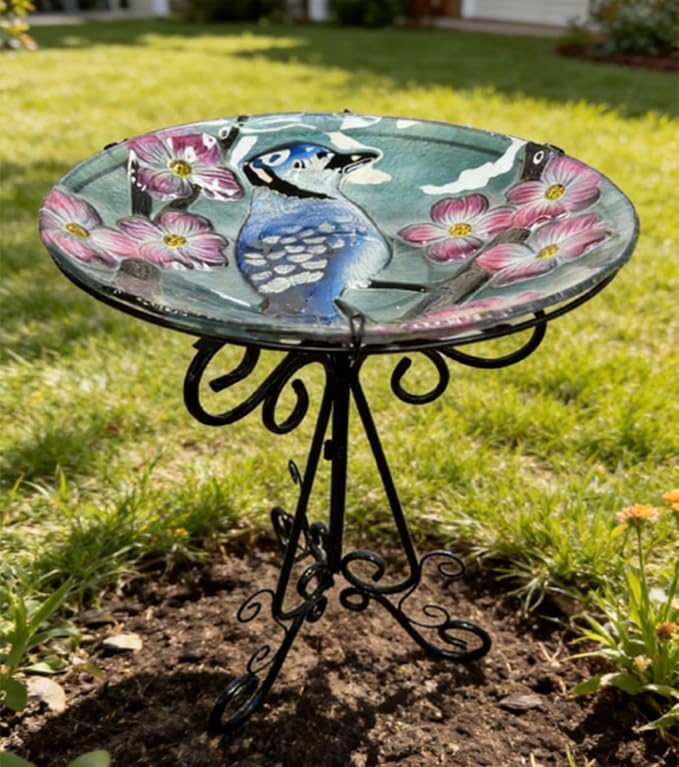 Large Bird Bath for Outside, 18" H Glass Bath Bowl with Metal Stand 28" H Standing Outdoor Birdbaths for Garden Yard Lawn Decor, Blue Jay