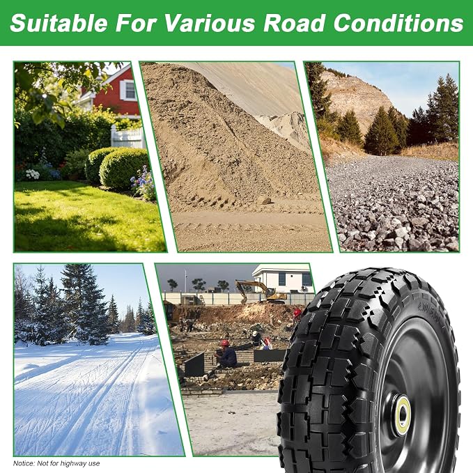 10" Flat Free Replacement Wheels for Gorilla Carts (2-Pack), 4.10/3.50-4 Solid Tires with 5/8" Axle Bore & 2.1" Offset Hub, Heavy Duty No-Flat Wheels for Garden Carts, Hand Trucks & Wagons