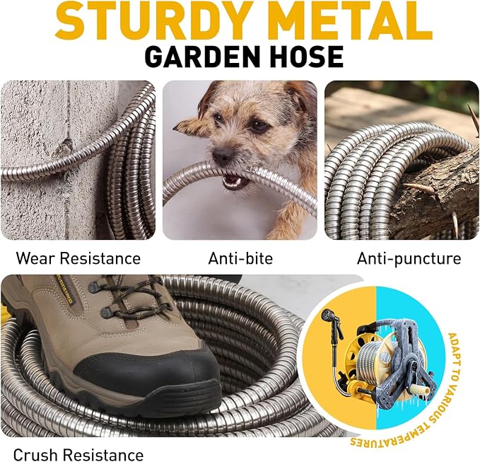 100ft Metal Garden Hose,Heavy Duty Stainless Steel Flexible Water Hose And Reel,10-Function Spray Nozzle Rust Proof for Yard,Outdoor,RV,Pet Bath