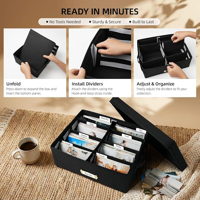 Linen Photo Storage Box with Adjustable Hook and Loop Dividers, Holds 1700 4"x6" Photos, Collapsible Picture Organizer with Handle and Label Stickers, Memory Keepsake Box for Women, Black