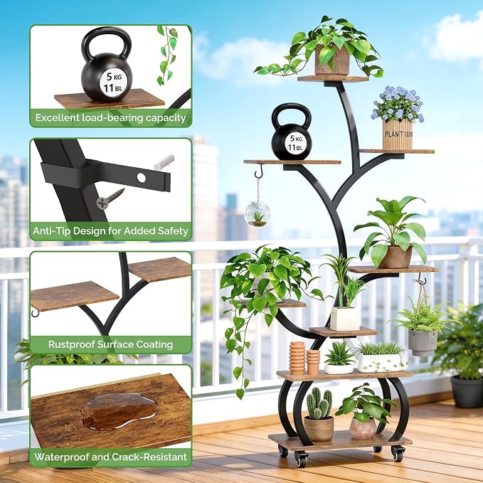 VINGLI Plant Stand Indoor with Grow Lights, 48" Small Space Plant Stand, 8-Tier Mobile Plant Shelf, Lighted Display Rack for Apartment, Living Room & Balcony, Black and Brown