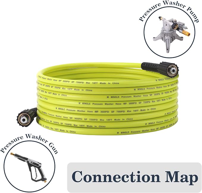 M MINGLE Pressure Washer Hose 25 FT x 1/4" - Replacement Power Wash Hose with M22 14mm Fittings - 3600 PSI