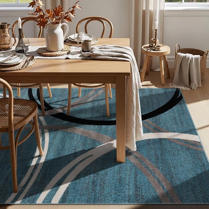 Rugshop Wavy Circles Modern Non-Shedding Area Rug Blue 7'10" x 10'2" | Rectangular, Size 7'10" x 10'2", Living Room, Bedroom, Dining Room, Home Office, Kitchen, Entryway, Hallway, Nursery, Bedside