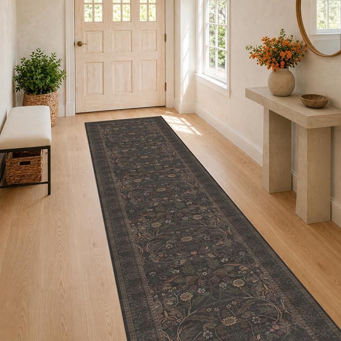 Washable Long 2x10 Hallway Runner Rug - 10ft Floral Foyer Rugs for Entryway, Traditional Botanical & Sunflower Kitchen Floor Mats (Brown and Black)