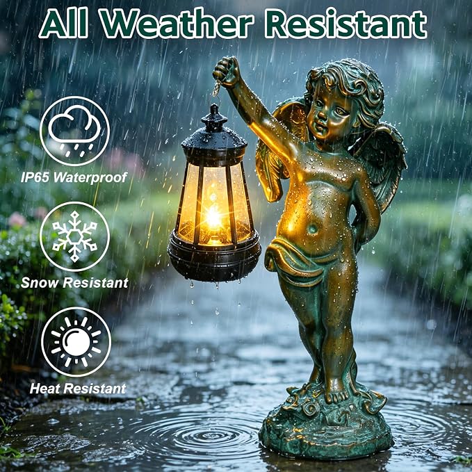 Solar Angel Garden Statues, Outdoor Angel Solar Hanging Lights Waterproof, Birthday Gifts for Mom Women Mother's Day, Cupid Boy Garden Figurines for Yard Decor Patio Porch Lawn Ornaments
