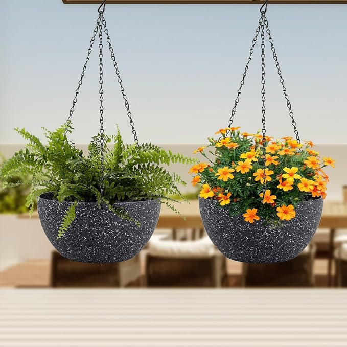 Meowell 12 inch Large Hanging Planters for Indoor Outdoor Plants, 2 Pack Hanging Flower Pots with Drainage Holes and Chain for Garden Porch, Plastic Hanging Baskets for House Plants, Speckled Black
