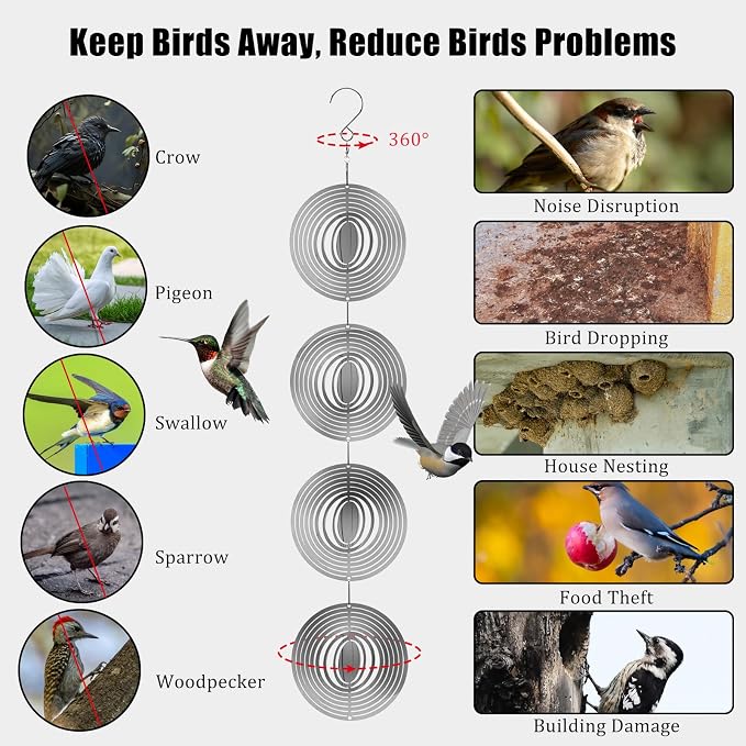 Stainless Steel Bird Deterrents for Outside Patio, Reflective 3D Bird Scare Devices Wind Spinners Outdoor Decor, Woodpecker Deterrent Bird Reflectors to Keep Pigeon Crow Away House Yard Window, Round