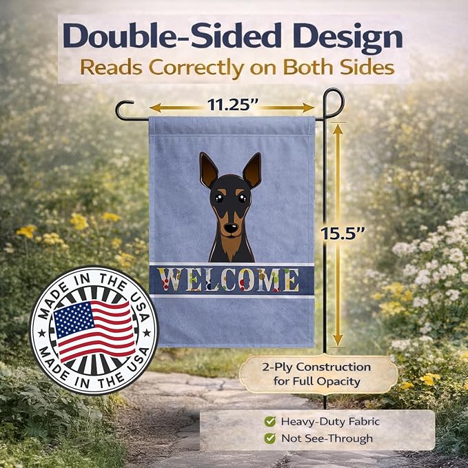 Caroline's Treasures BB1426GF Min Pin Welcome Garden Flag, Blue Mailbox Flag Decorative Yard Flag Banner Outside Patio Artwork Yard Flower Beds, Garden Size, Multicolor