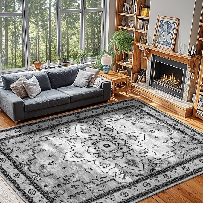 LBRO2M Machine Washable Rug Soft Pet Friendly Carpet 9X12 Gray | Persian Large Rug 9X12 for Living Room, Bedroom, Dining Room, Home Office, Non Slip Soft Carpet, Stain Resistant Rugs