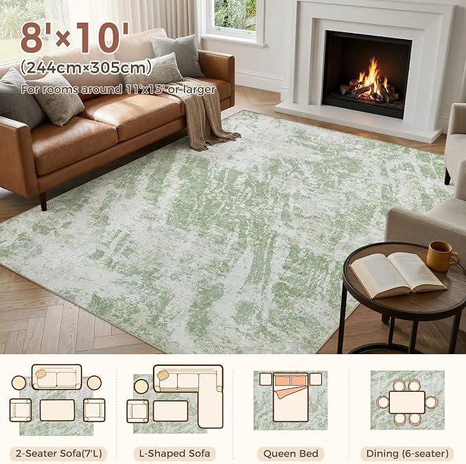 DMOYEST 8x10 Area Rug for Living Room Washable Abstract Indoor Carpet | Neutral Modern Low Pile Rugs Kid & Pet Friendly Large Soft Thin Carpet for Bedroom Dining Room and Office - Light Green