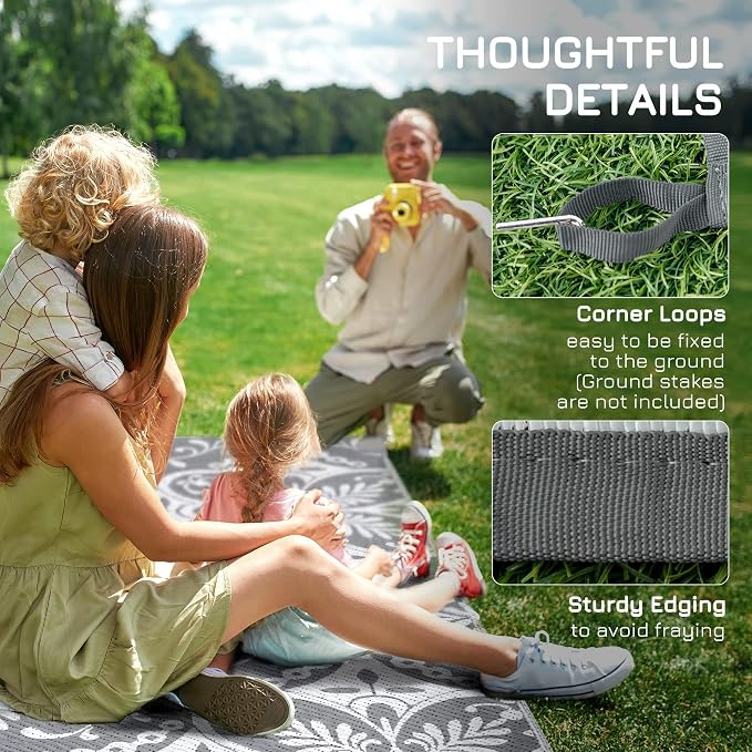 Outsunny Outdoor Rug for Patio, 9' x 12' Waterproof Large Mat, Reversible Plastic Straw Rug for Decor, Portable Outside RV Camping Area Carpet Mat for Backyard Porch Deck Picnic, Gray & White Floral