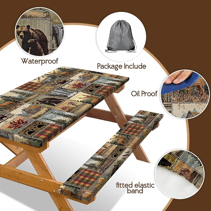 Picnic Table Cover with Bench Covers 6FT 3PCS, Camping Essentials,Rectangle Fitted Camping Tablecloth Waterproof with Elastic Edge for Indoor Outdoor Patio, 60in, Brown