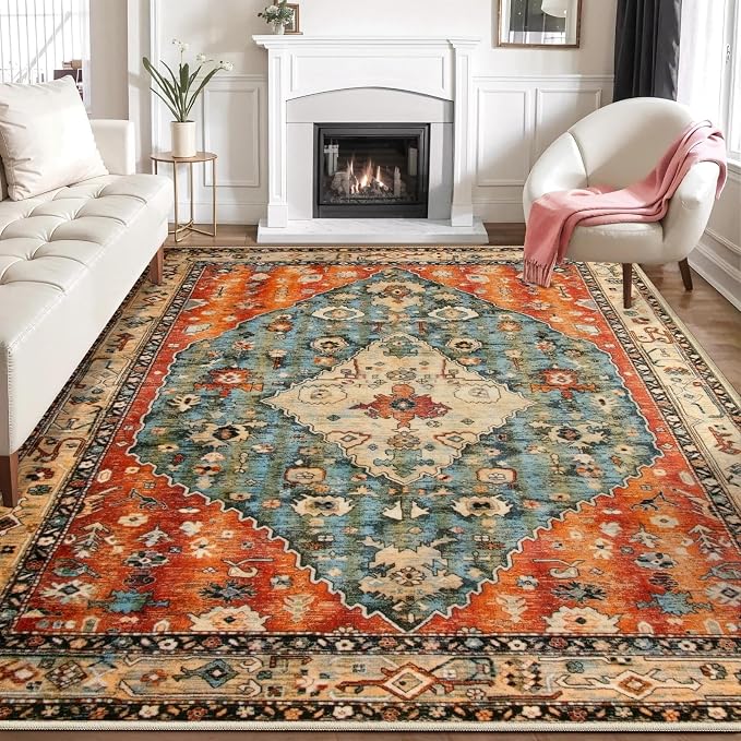 SERISSA 8x10 Washable Non Slip Boho Area Rug for Living Room | Ultra Soft Vintage Oriental Carpet Low-Pile Distressed Tribal Throw Carpet for Dining Room Bedroom Dorm Office Home Decor