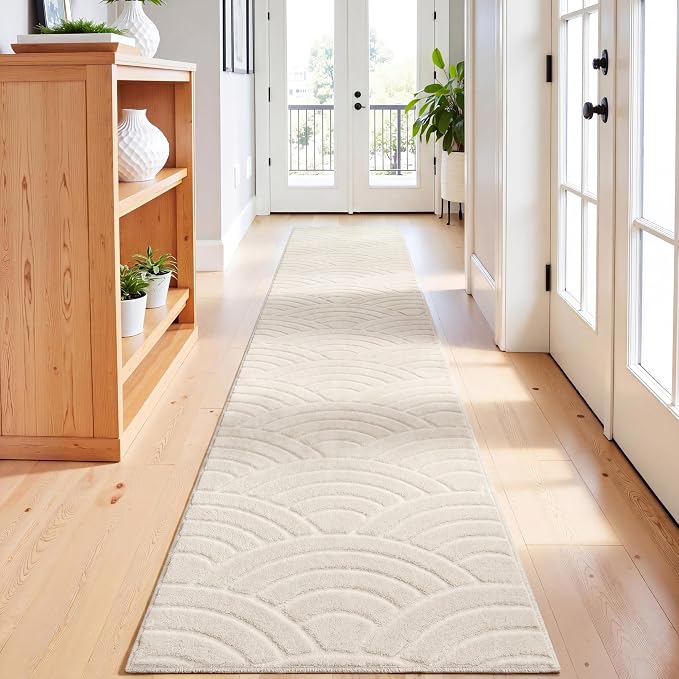 SHACOS Soft Cozy Fluffy Arch Waves Pattern High-Low Textured Runner 2'x8' | Non Slip Rugs Washable Minimalist Rug Modern Graphic Rainbow Carpet for Living Room Bedroom Bathroom Kitchen Hallway, Cream