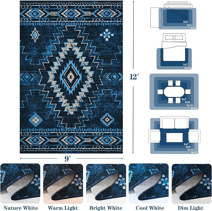 Yinhua Western 9x12 Area Rug for Living Room, Aztec Washable Rugs Non-Slip | Navy Blue Large Rug Low-Pile, Soft Non-Shedding Carpet for Dining Room Nursery Office