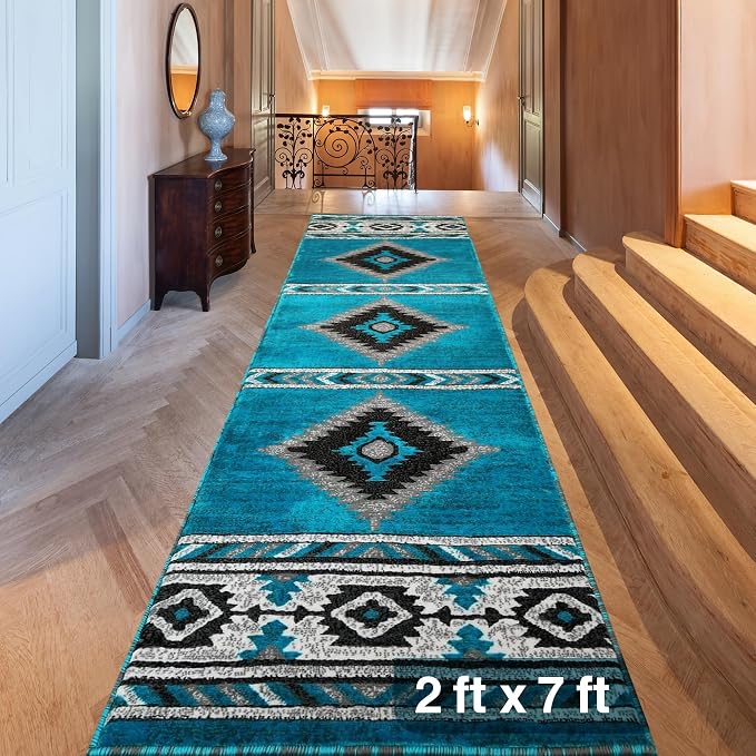 YHSF Southwestern Area Rug, Anti Static & Washable, Blue Lightning, 2ftx7ft | Soft Native American Tribal Floor Rugs for Living Room, Bedroom, Hallways, and More - Easy-to-Clean Home Decors