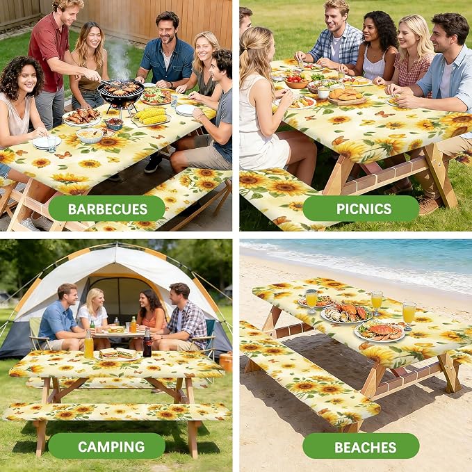 Picnic Table Cover with Bench Covers Elastic Edges, 3 Pcs Sunflower Fitted Table Cover with Drawstring Bag, Waterproof Windproof Aesthetic Camping Tablecloth, Outdoor Camping Essentials 72 Inch