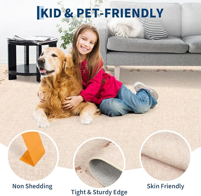 COZYLOOM Rugs for Living Room 4x6 Modern Bow Area Rugs for Bedroom, Solid Color Washable Area Rug with Non Slip Backing, Non Shedding Low Pile Carpet Stain Resistant Mats for Entryway Nursery, Beige
