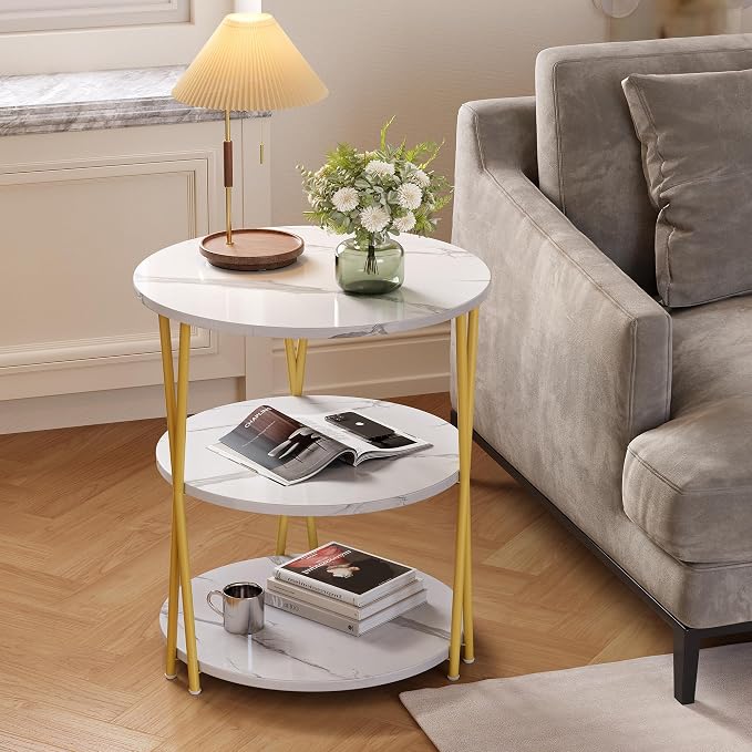 23 Inch Round Side Table 3-Tier End Table Living Room Small Patio Table Nightstands Round Coffee Table Spacious Top for Couch Bedroom 3 Storage Shelves Accent Coffee Table, Marble White