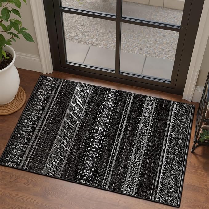 2x3 Washable Area Rugs for Living Room Boho Bathroom Rug Black/White | Vacuum Friendly, Machine Washable, Non-Slip Rug, Stain Resistant, Moroccan Geometric, Low Pile Carpet, Entryway Kitchen