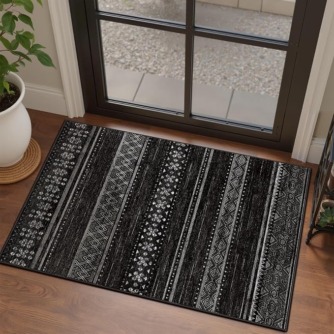 3x5 Washable Area Rugs for Living Room Boho Bathroom Rug Black/White | Vacuum Friendly, Machine Washable, Non-Slip Rug, Stain Resistant, Moroccan Geometric, Low Pile Carpet, Entryway Kitchen