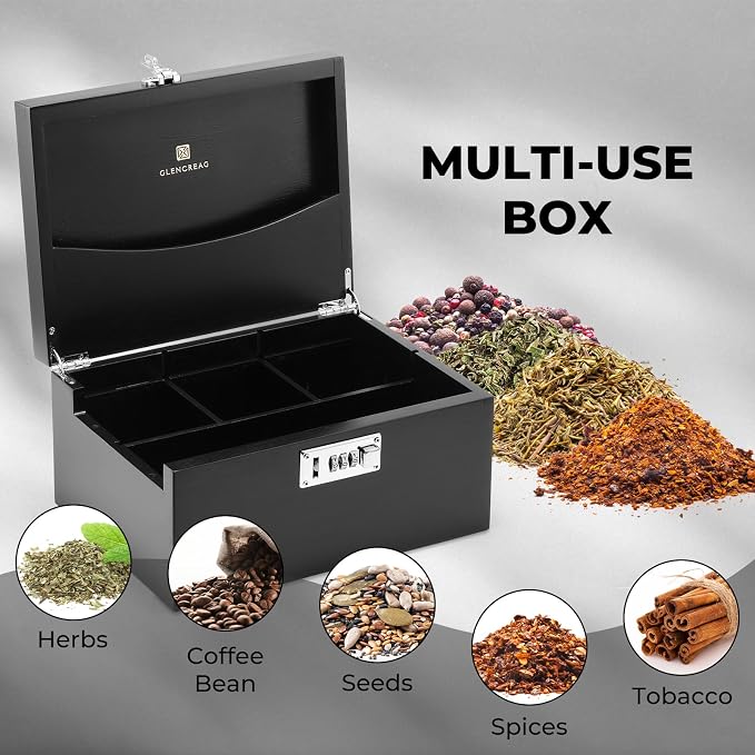 GLENCREAG Stash Box with Rolling Tray, Smell Proof Large Bamboo Storage Box with Lock, Decorative Box Set Includes Glass Jars & Grinder, Gift for Men Women