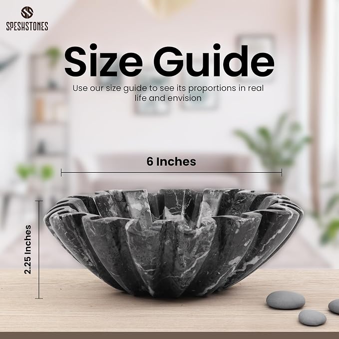 Marble Small Decorative Bowl 6 Inch Handmade Black Ruffle Bowl, Scalloped Bowls for Tables Centerpieces & Housewarming Gifts, Fluted Ring Dish, Fruit & Key Bowl for Entry Table