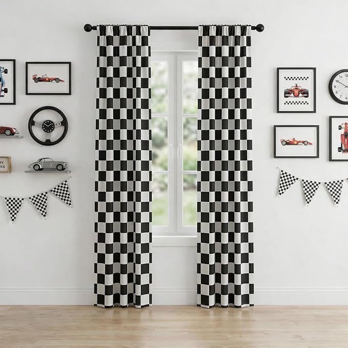 Rod Pocket & Back Tab Checkered Curtains, 100% Blackout, Race car Flag Checkerboard Curtains, Thermal Insulated, Noise Reducing, 3-inch Checkered, 2 Panels, Each W21×L84