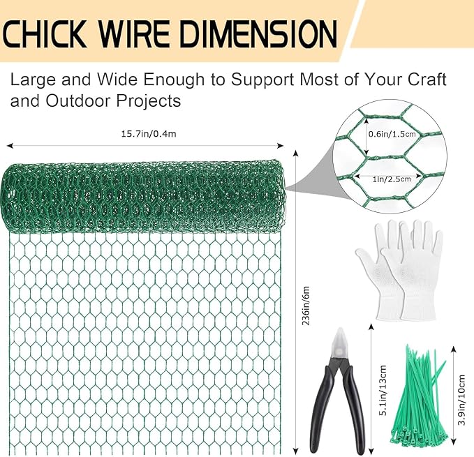 Chicken Wire 15.7in x 236in with a Pair of Gloves，1 Wire Cutter，50 Pcs Cable Zip Ties, Floral Chicken Wire Mesh 0.8in Hexagonal Galvanized PVC Coated Garden Netting Fence for Craft Poultry Garden