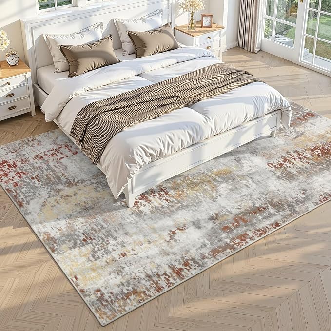 Toneed Washable 5x7 Area Rug with Non-Slip Backing for Living Room | Abstract Modern Rugs, Soft Low Pile Carpet for Bedroom Kitchen Dining Room Nursery Indoor Floor Home Decor, Taupe Grey Brown