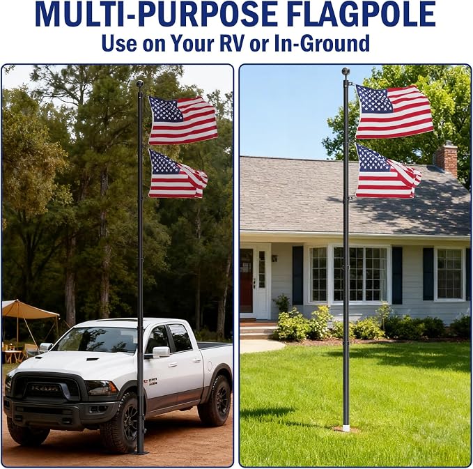 20FT RV Telescoping Flag Pole Kit, Heavy Duty 14-Gauge Aluminum Flagpole with Tire Mount Base, Portable Flag Kit for Camping, Tailgating, Trailer, and Outdoor Use