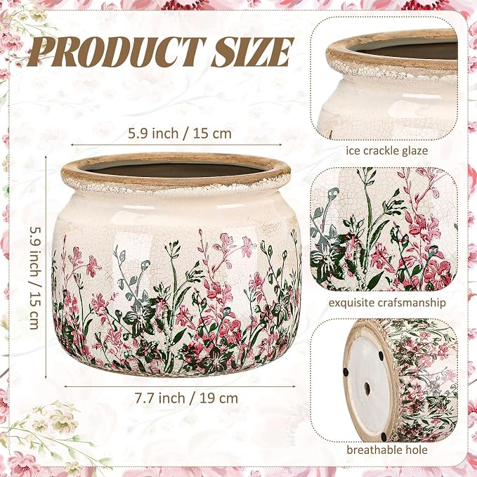 7.7" Large Vintage Ceramic Plant Pot Pink Green Boho Wildflower Crackle Glaze Flowers Planter Pot with Drainage for Indoor Outdoor Plant Rustic Farmhouse Kitchen Office Shelf Home Decor Gift