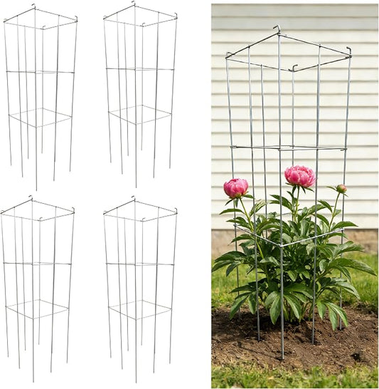4 Pack 12x39 Inch Galvanized Folding Square Tomato Cages | Tall Plant Support, Tomato Trellis, Metal Plant Peony Cage Peony Support