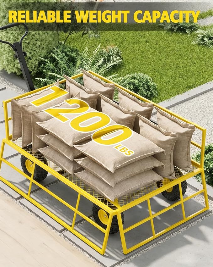 Garvee Steel Garden Cart, 1200 LBS Capacity Utility Outdoor Wagon, Heavy Duty Mesh Garden Wagon with Removable Sides, 2-in-1 Handle, 13" Tires for Yard, Lawn, Garden