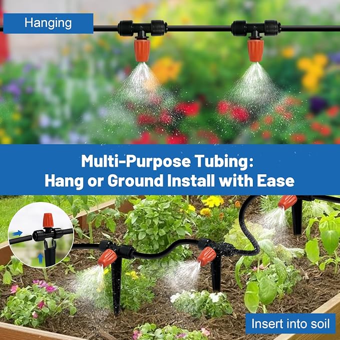 Mist Drip Irrigation System for Garden Watering 60FT, Quick-Connect Micro Misting kit for Greenhouse,Plant,Raised Bed,Vegetable,Flower. Hanging or Inground Misters Sprinkler,Sistema De Riego Por Goteo
